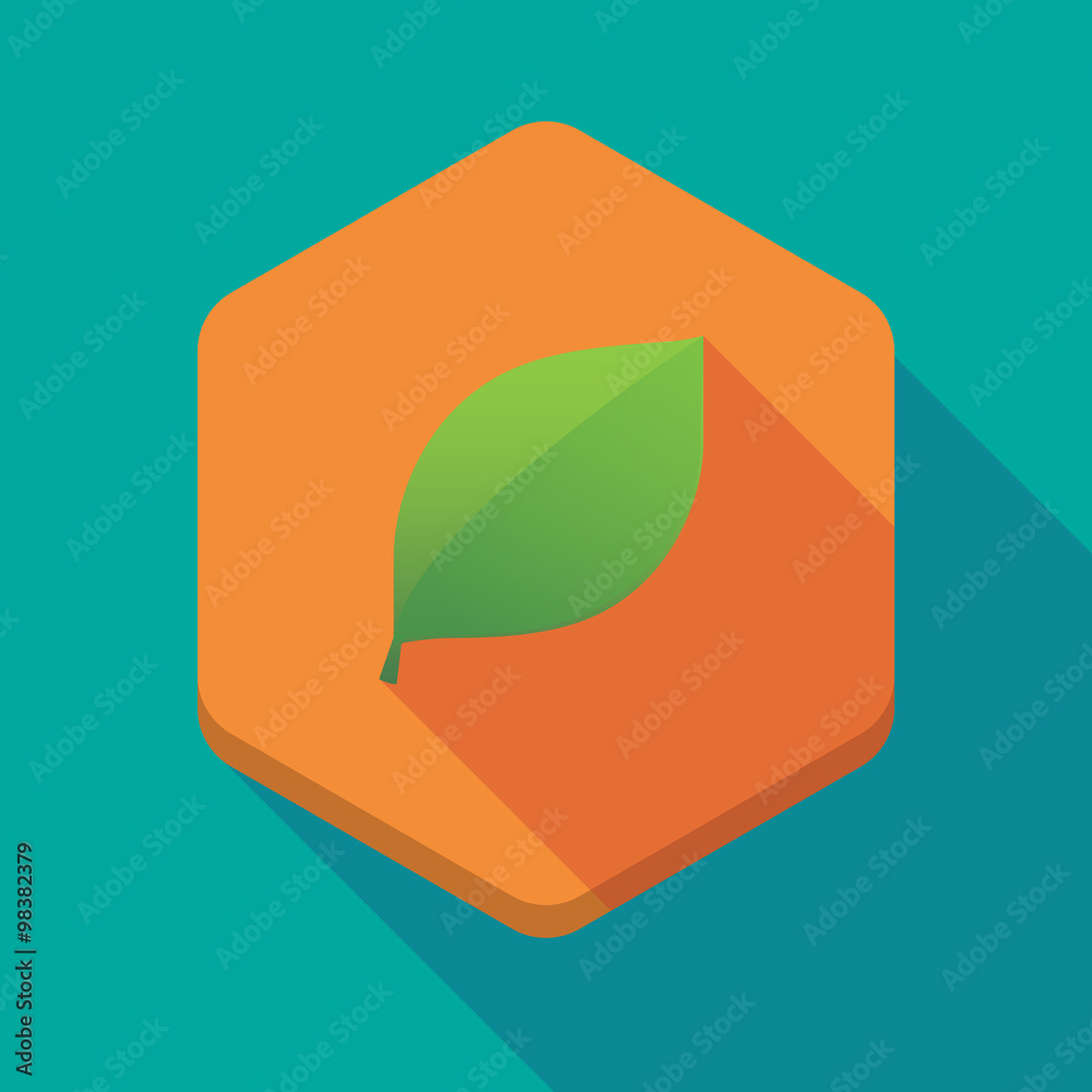 Long shadow hexagon icon with a green leaf Long shadow hexagon icon with a green leaf