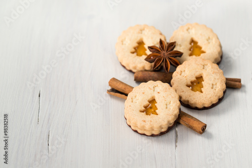 Christmas cookies with christmas tree, cinnamon and anise