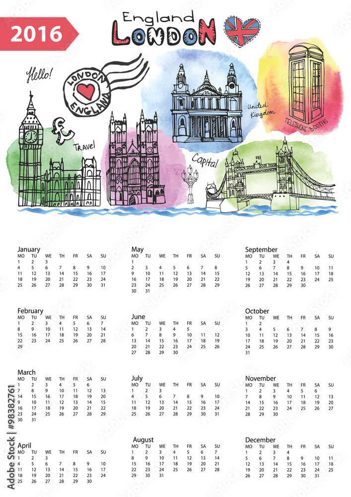 Calendar 2016.London Landmarks skyline,watercolor splash