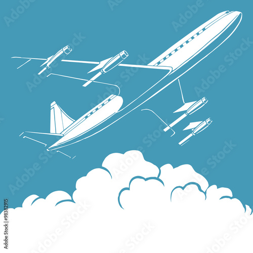 Passenger airplane in the clouds retro background
