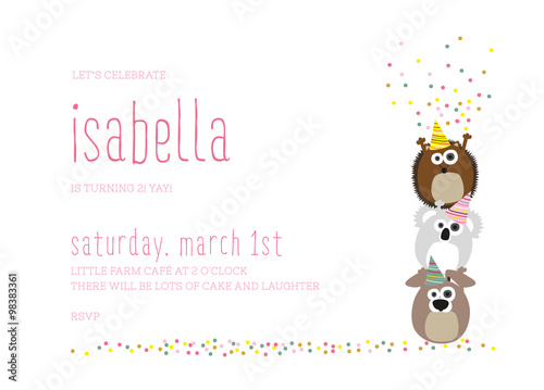 Children Birthday Invitation Card. Animal throwing confetti. Vector design.