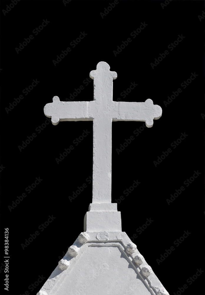 White cross in  cemetery on black background.