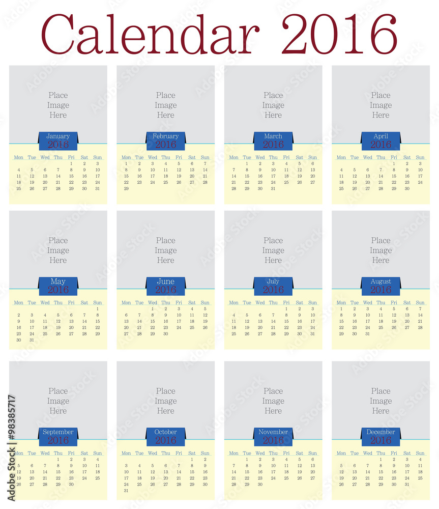 Poster Calendar for 2016. Week Starts Monday. Simple Vector Template, Vector Design Print Template with Place for Photo. Set of 12 Months Poster Calendar for 2016. Week Starts Monday. Simple Vector Template, Vector Design Print Template with Place for Photo. Set of 12 Months