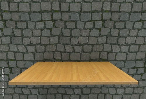 Empty top wood laminate floor shelves and cobblestone wall background. For product display