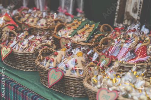 Gingerbread hearts in wicked basket at Budapest Christmas market