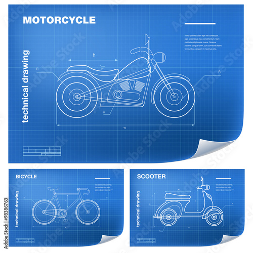 Technical wireframe Illustrations with motorcycle, bicycle and scooter drawing on the blueprint