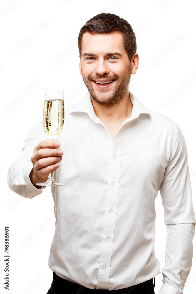 Young man carries glass of champaign Young man carries glass of champaign