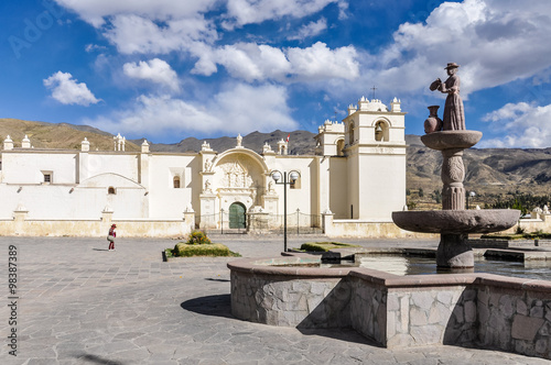 Colonial church and statue in the Colca Canyon, Peru