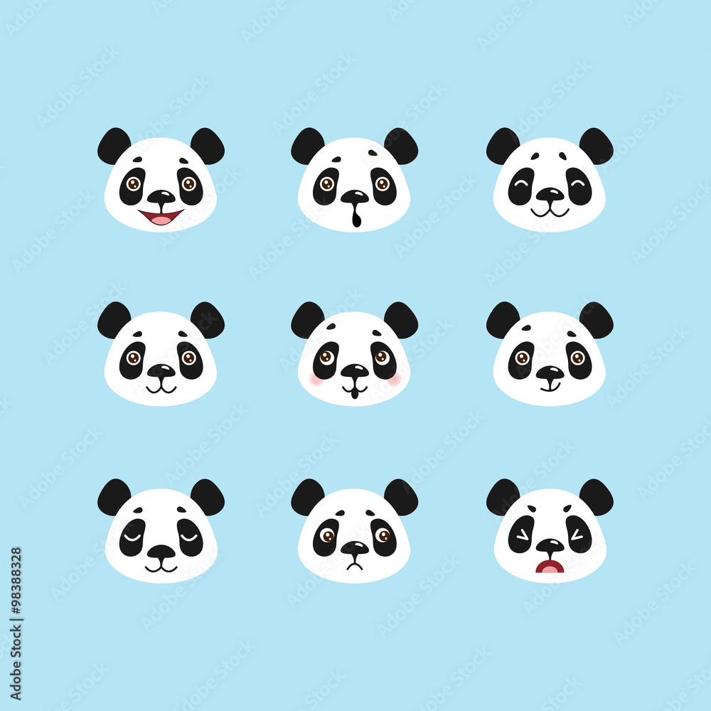 Obraz premium Zestaw emotikonów postaci z kreskówek cute panda. Wyrazy twarzy.