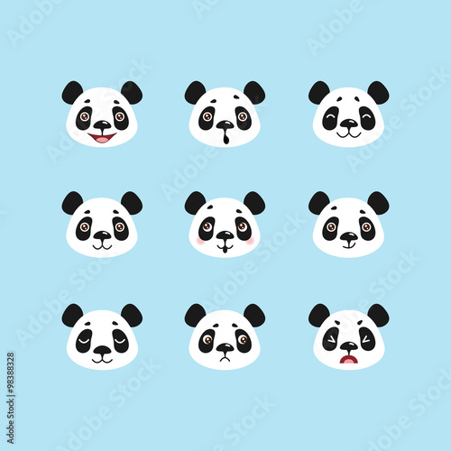 Set of cute panda cartoon character emoticons. Facial expressions. 