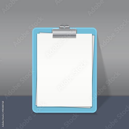 Clipboard with an empty paper sheet. Template, mock up, copy space. Vector illustration. 