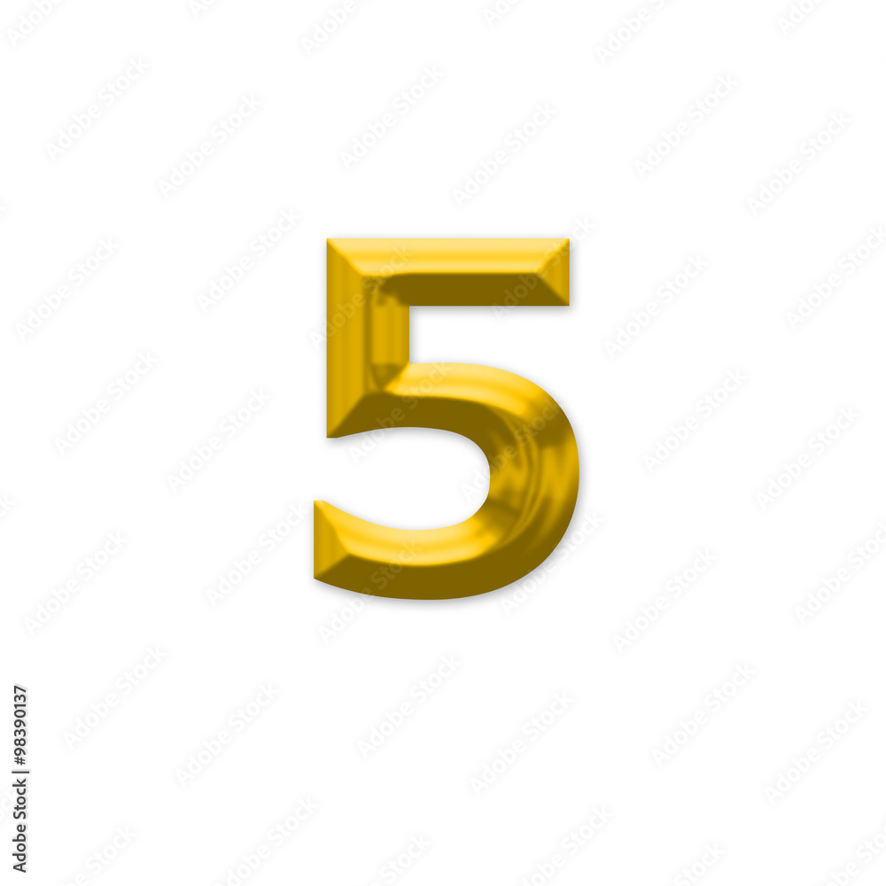 The Number 5, in the number alphabet set yellow gold color isola