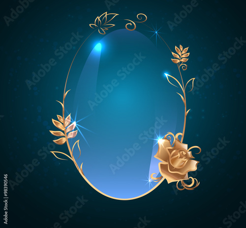 Oval banner with gold. Rose, glossy label on a dark  background,