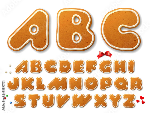 Set of vector letters in shape of a Christmas gingerbread cookies, decorated white icing, alphabet, with design elements, isolated on white
