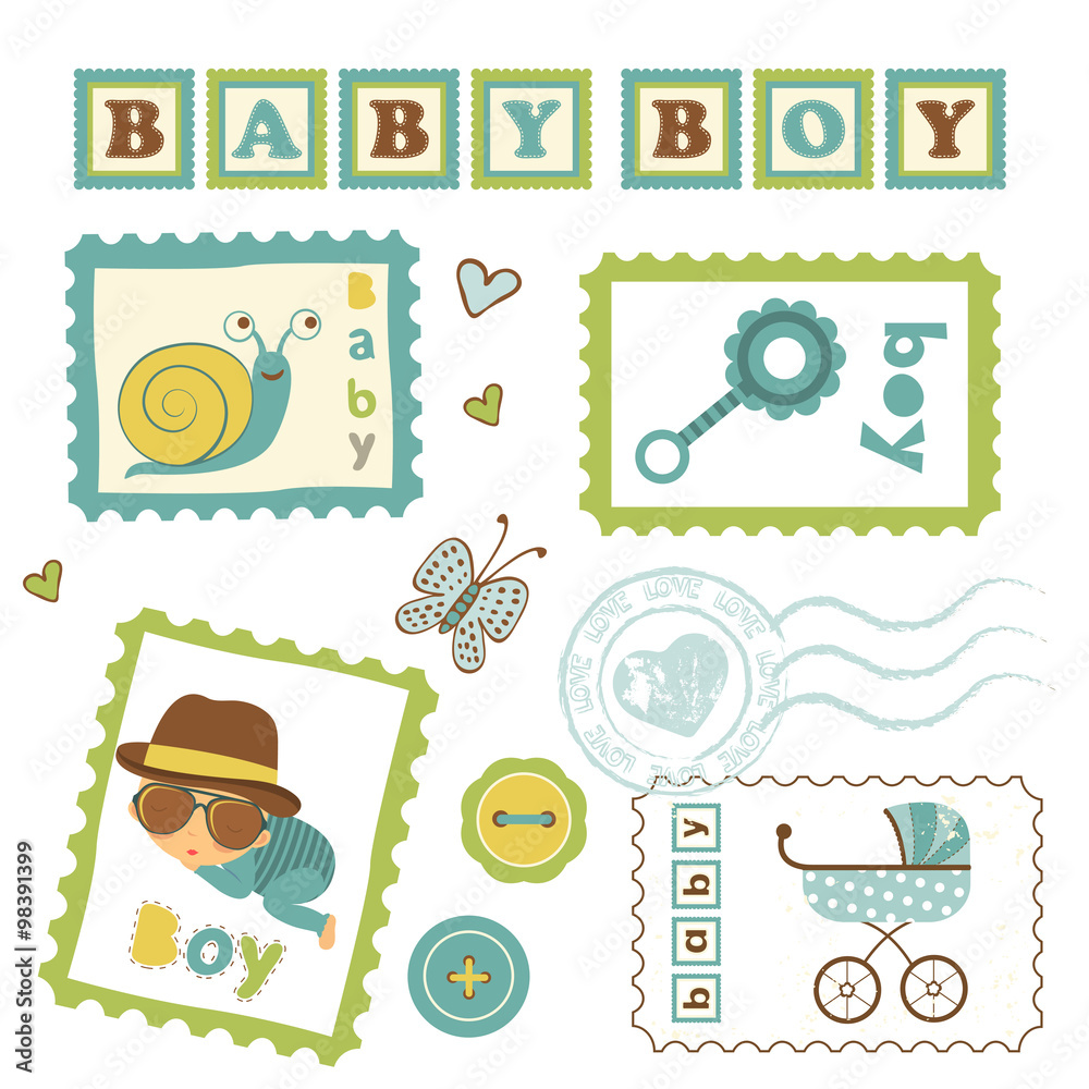 Colorful collection of baby boy announcement postal stamps