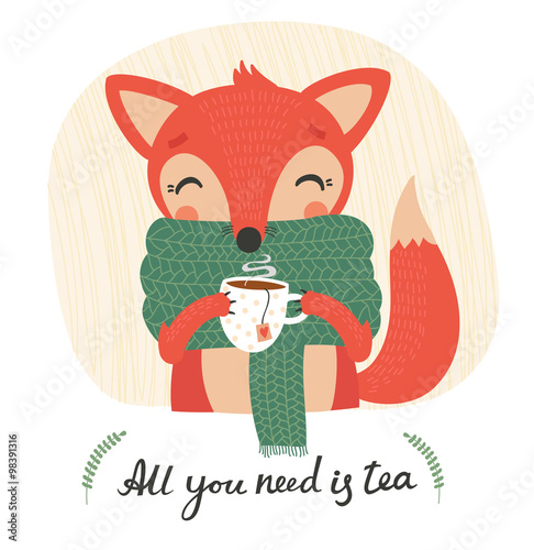 Cute cartoon fox with tea