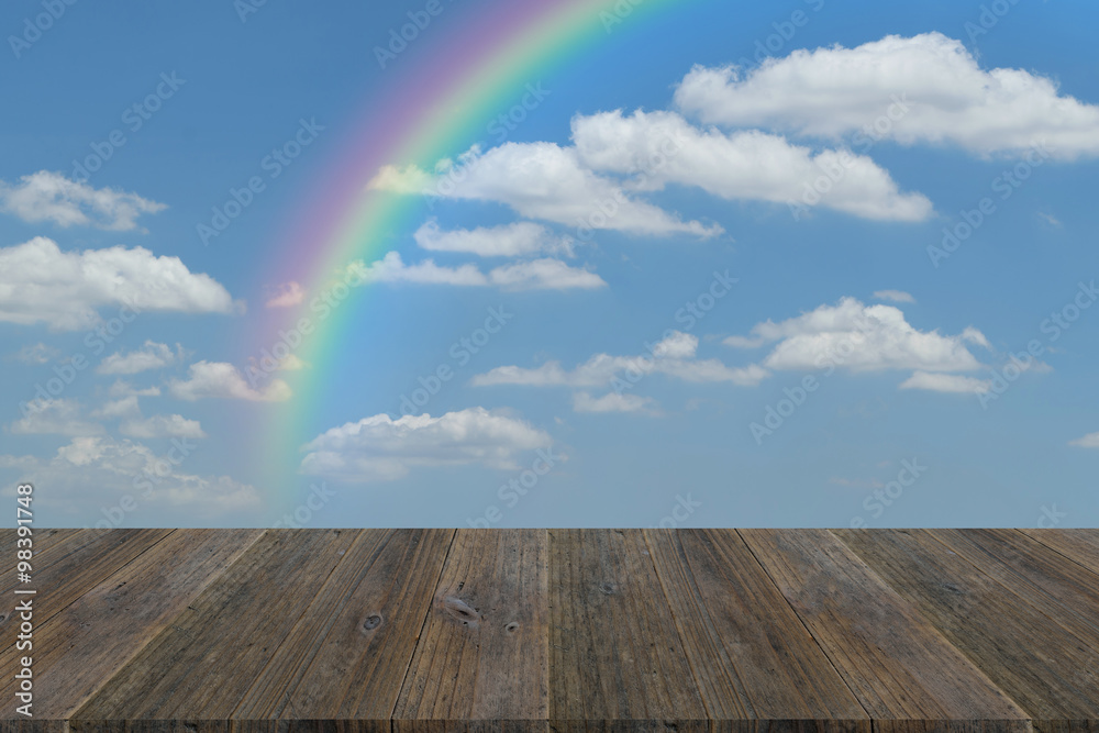 Wood terrace and Blue sky with rainbow - obrazy, fototapety, plakaty 