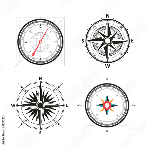 Vintage wind rose compasses in set. Isolated vector compass