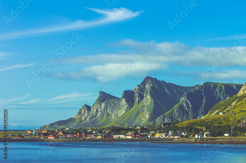 Small seaside town situated at the foot of a mountain in Norway