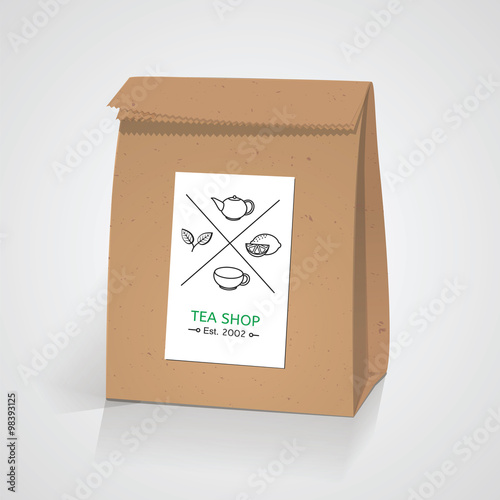 Tea craft paper pack bag. Line style tea badge elements