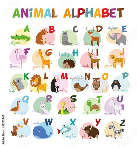 Fototapeta Naklejka Na Ścianę i Meble -  Ilustración de vector Alfabeto ilustrado con animales para niños. Abecedario inglés. Aprender a leer.