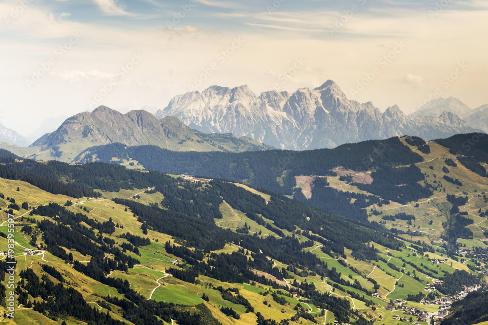Fototapeta premium Leogang Mountains with highest peak Birnhorn idyllic summer landscape Alps, Austria