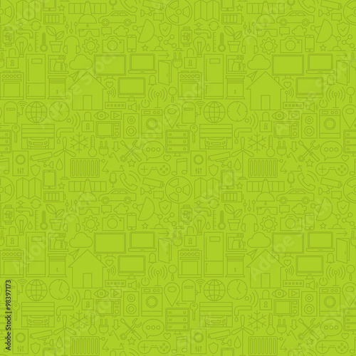 Green Thin Line House Technology Seamless Pattern