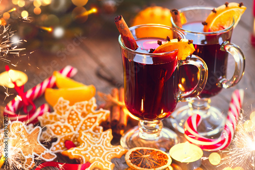 Traditional Christmas mulled wine hot drink. Holiday decorated Christmas table