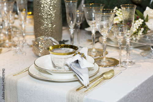 Festive Banquet table with dishes. The table is set for dinner. 