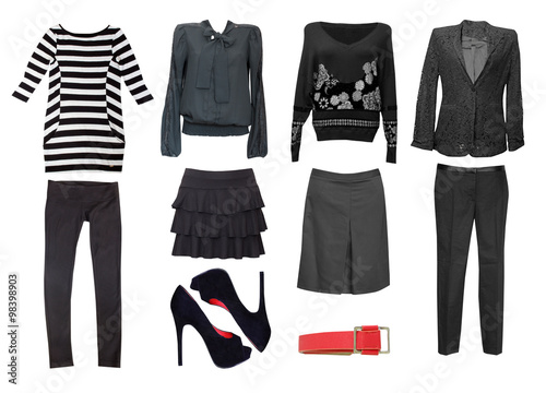 Black female clothes set. Collage of women clothing isolated.