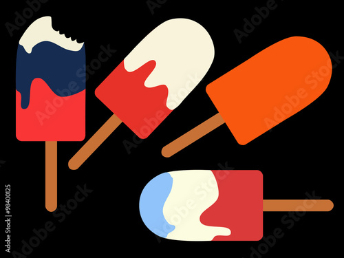 Colorful ice lollies with icing in the colors red, white, blue and orange. Vector flat illustration.