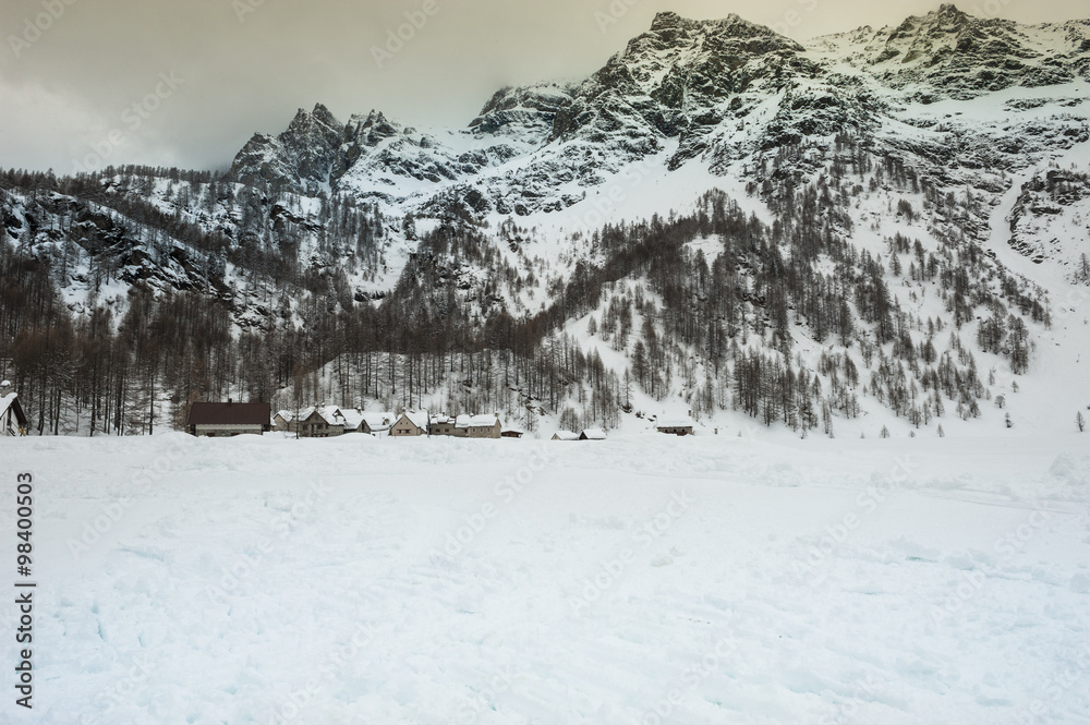 Snowcapped Village, Italy, Alps, Piemonte, Alpe Devero