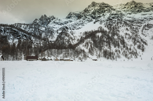 Snowcapped Village, Italy, Alps, Piemonte, Alpe Devero