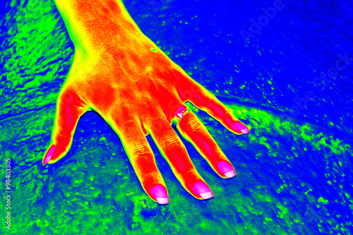Infrared thermovision image of the woman hand over the cold wate