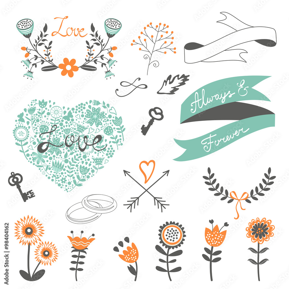 Romantic collection with flowers, wreaths and other graphic elements