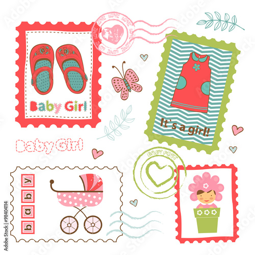 Colorful collection of baby girl announcement postal stamps