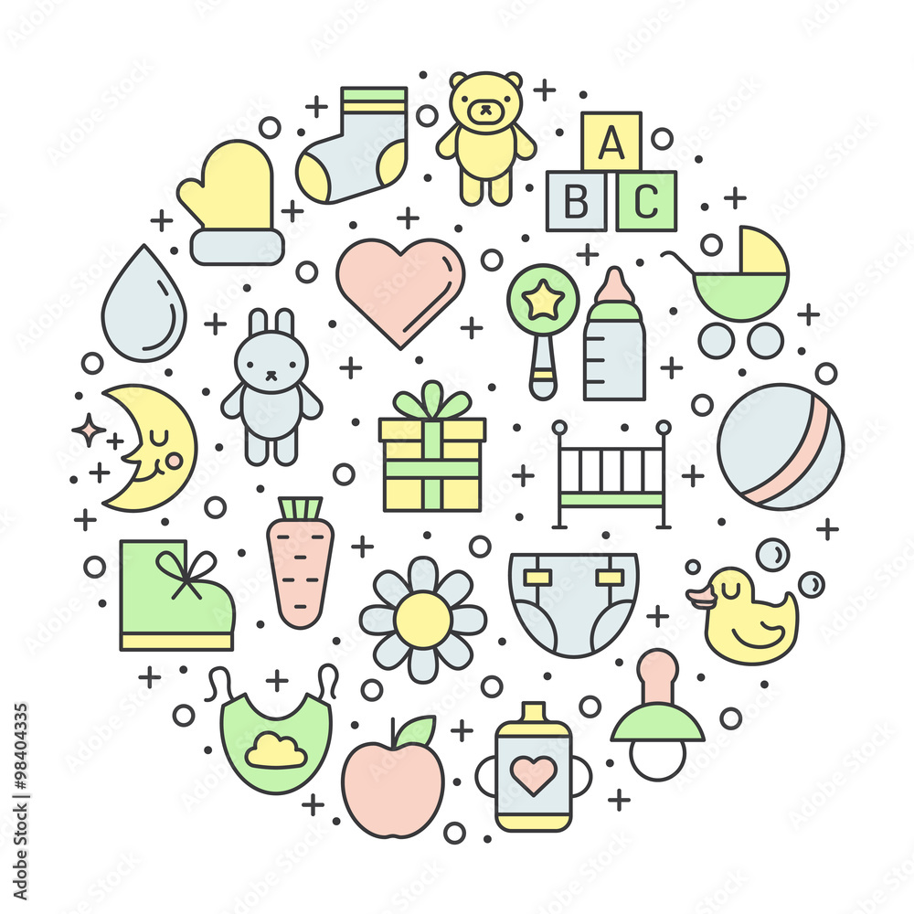 Babies (girl and boy) things outline multicolored cute vector circle background. Modern minimalistic design.