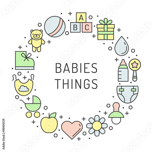 Babies (girl and boy) things outline multicolored cute vector circle frame background. Modern minimalistic design. Part one.
