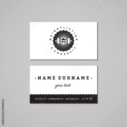 Sport & fitness vintage business card design concept. Sport logo with barbell and badge. Vintage, hipster and retro style. Black and white.