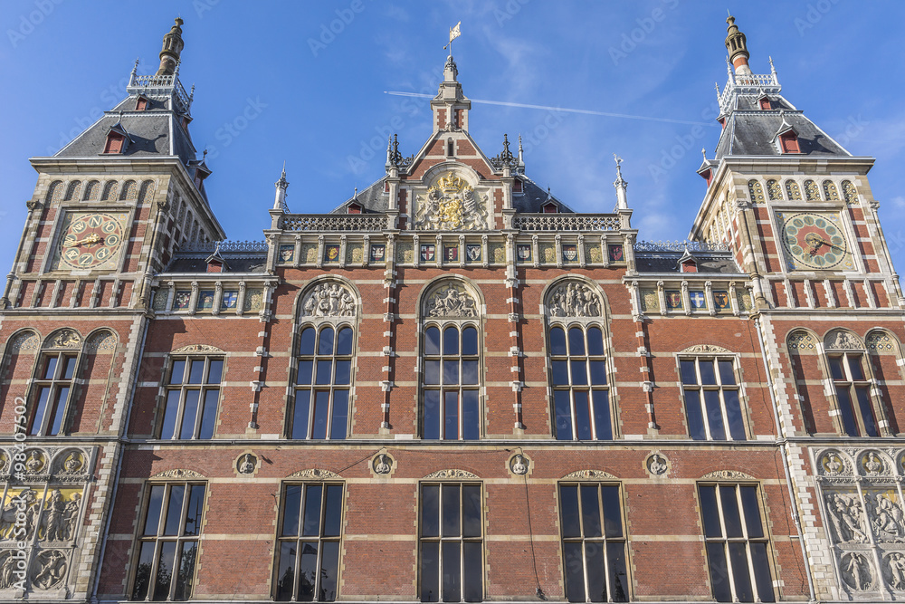 Historic building of Amsterdam central railway station (1889).