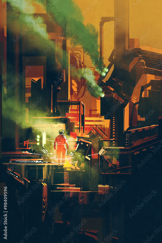 Fototapeta premium sci-fi scene showing red astronaut standing on futuristic architecture,illustration
