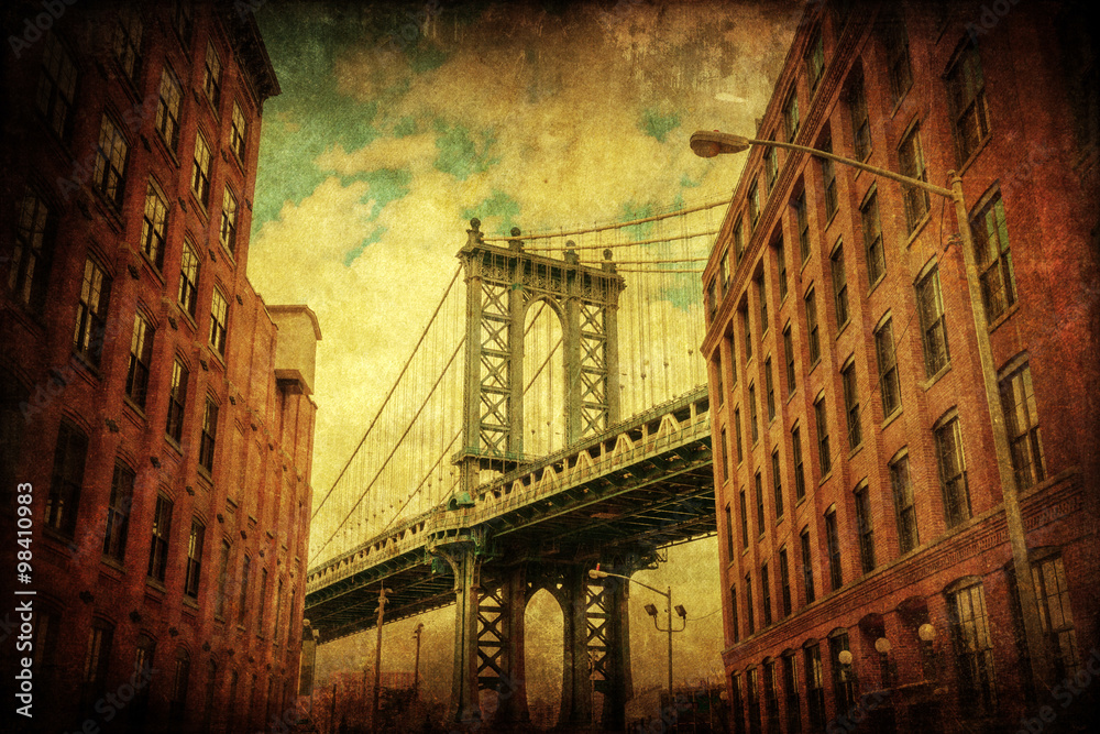 Obraz premium nostalgisch texturiertes Bild von Brooklyn mit Blick auf die Manhattan Bridge