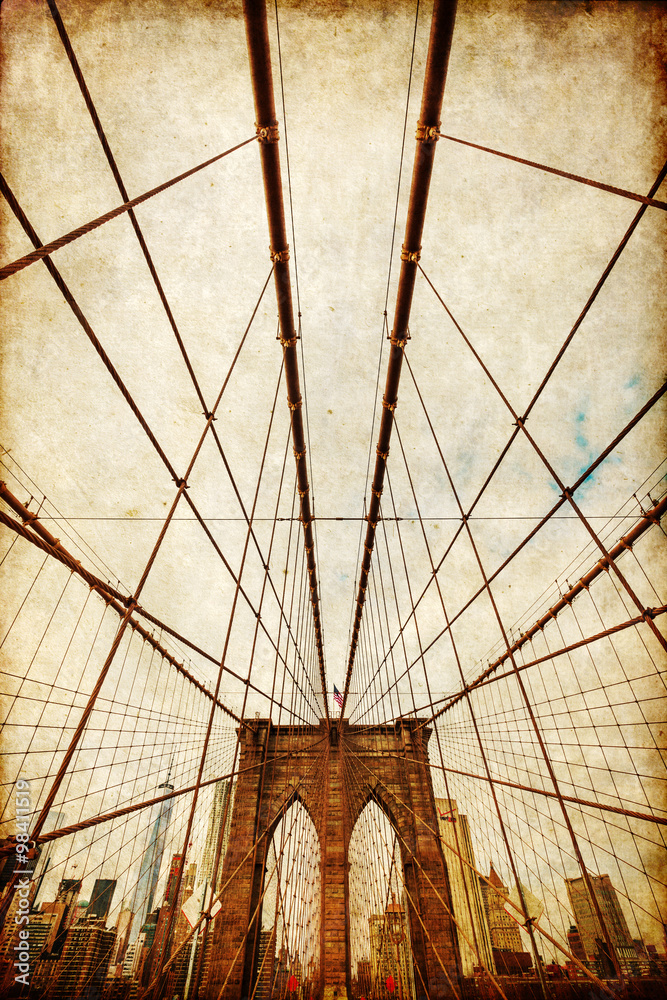 Naklejka premium nostalgiczny obraz Brooklyn Bridge z widokiem na Manhattan