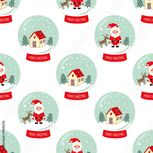Christmas Snow globe with falling snow, cute house, Santa Claus, Xmas tree and deer seamless pattern. Cute Merry Christmas background. Glass ball gift design illustration. © in_dies_magis