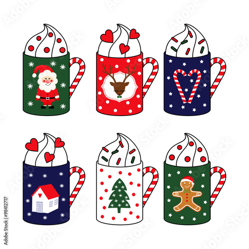 Christmas greeting card. Cute hot cups with santa claus, deer, candy cane heart set. Hand drawn festive vector mugs illustration isolated on white background .
