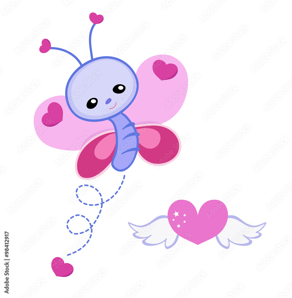 Greeting card. Cute butterfly with hearts on a white background