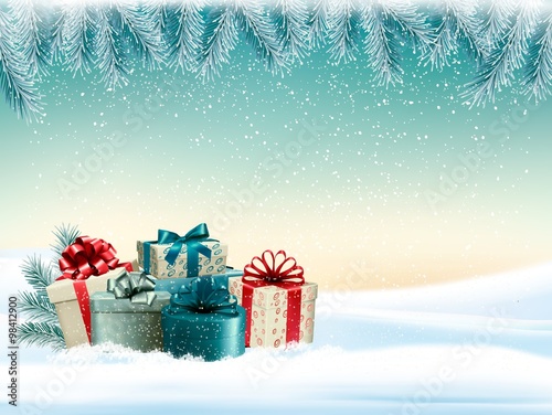 Winter christmas background with colorful presents Vector.