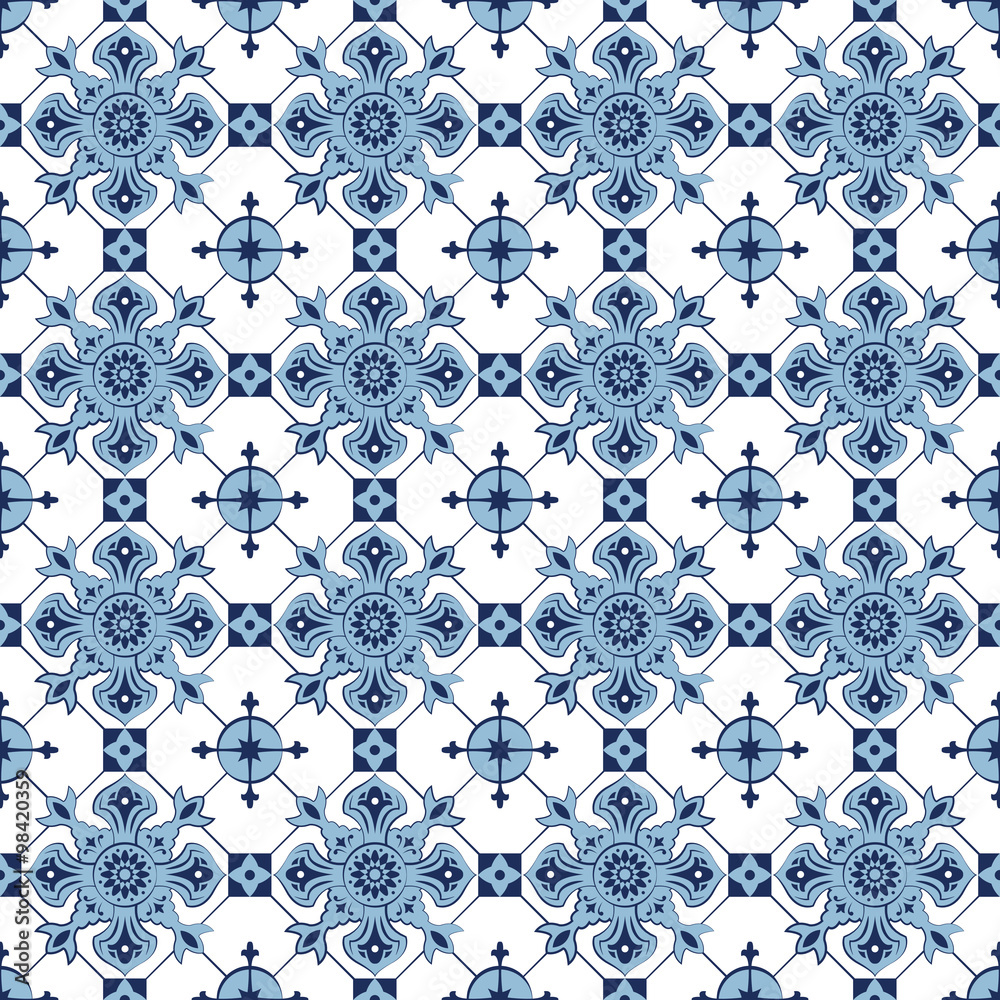 Seamless background image of vintage blue cross check kaleidoscope pattern.

