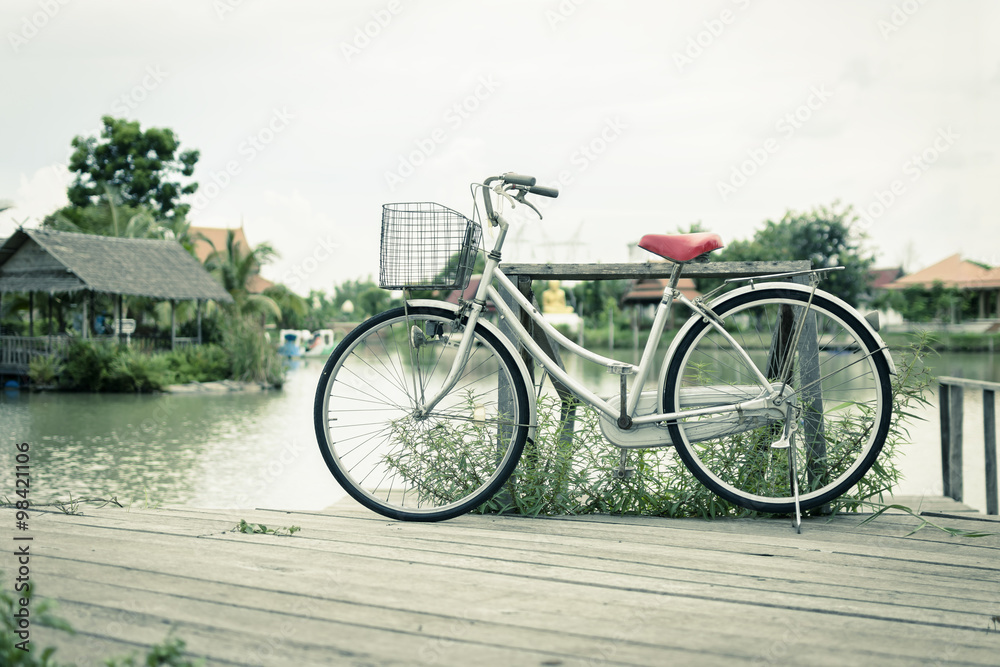 Bicycle with landscape the calm in the garden. Vintage tone
