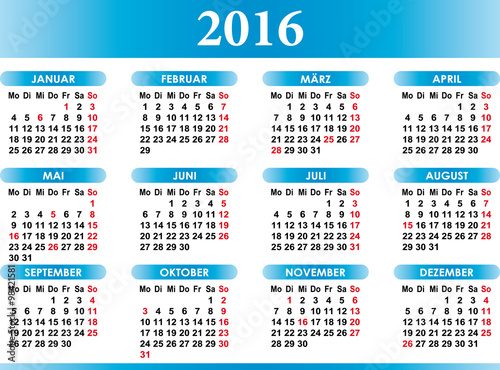 Deutsch Kalender 2016 German Calendar 2016 Stock Vector | Adobe Stock